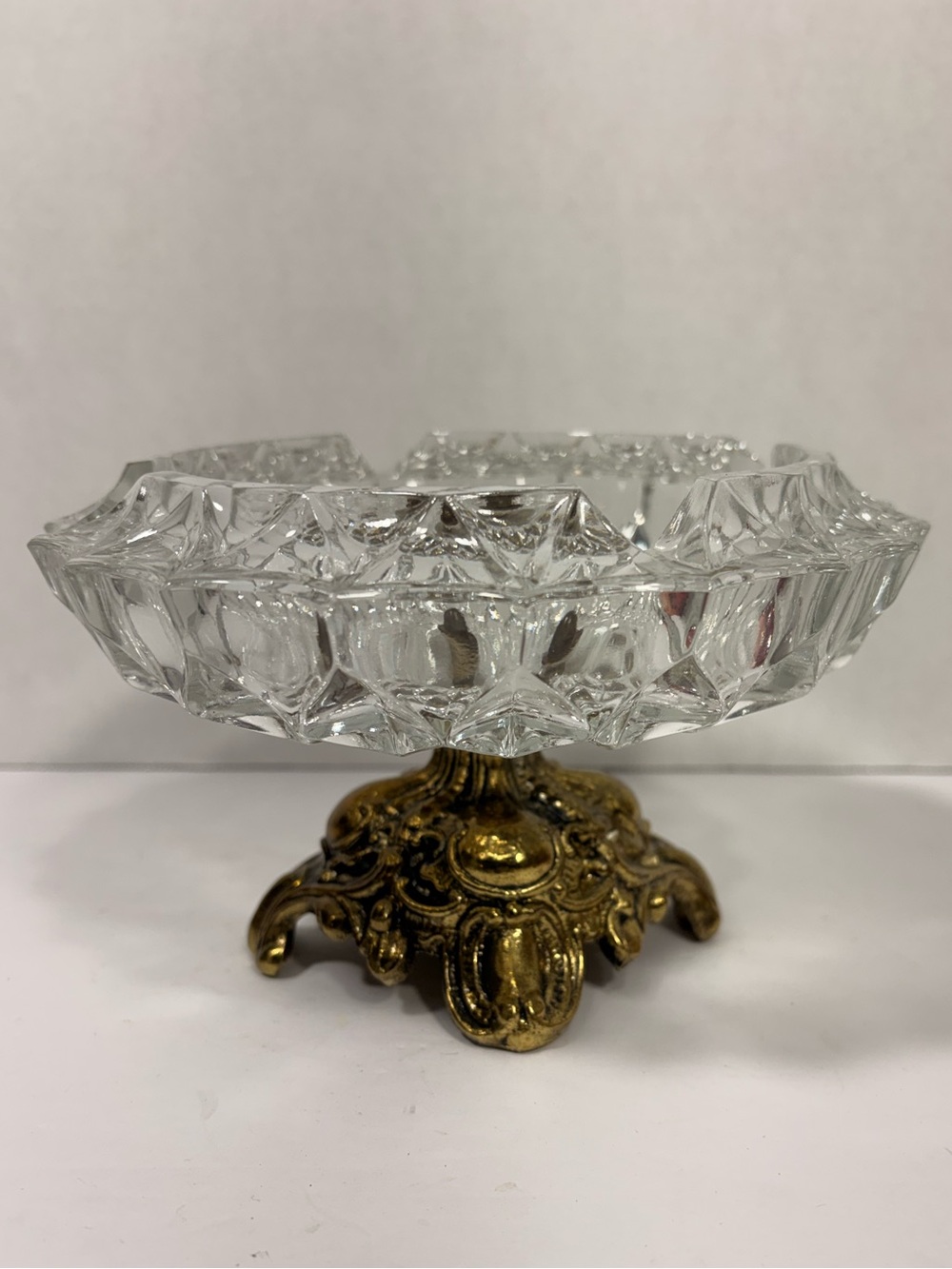 Vintage Crystal Gold Pedestal Ashtray Hollywood Regency